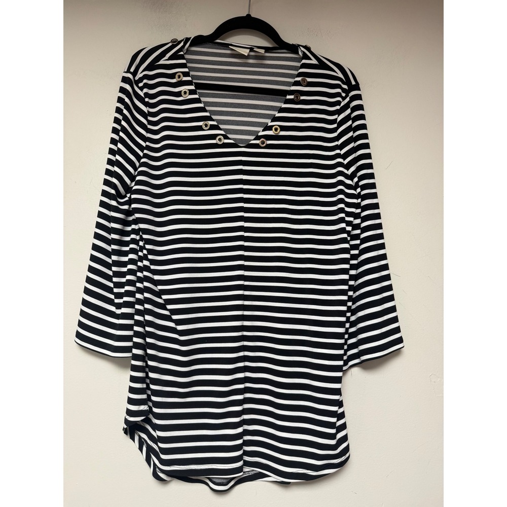 Chicos Striped V Neck 3/4 Sleeve Tunic Top Womens Size 1 Black White